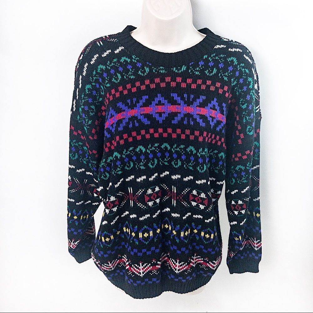 VTG 80’s Multicolor Knit Geo Tunic Sweater Sz L